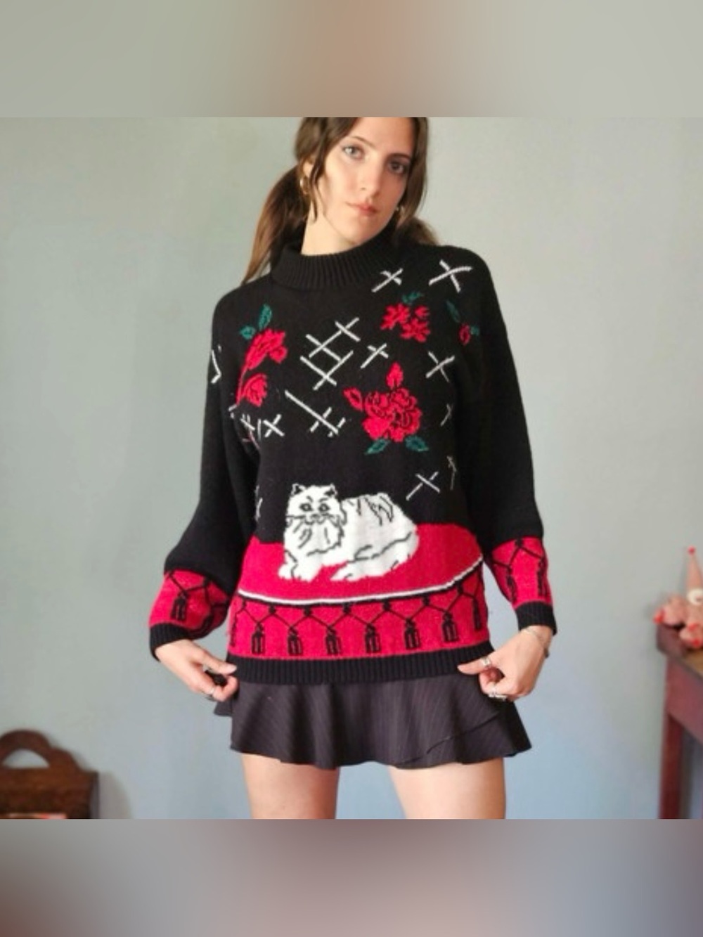 VTG SPUNKY Ugly Sweater Women L Black Red Metallic Whimsygoth White Spooky Cat